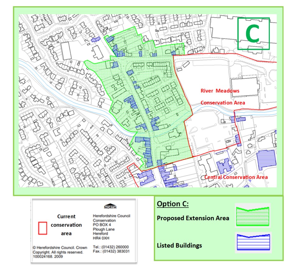 Map showing option C for extension to Leominster conservation area