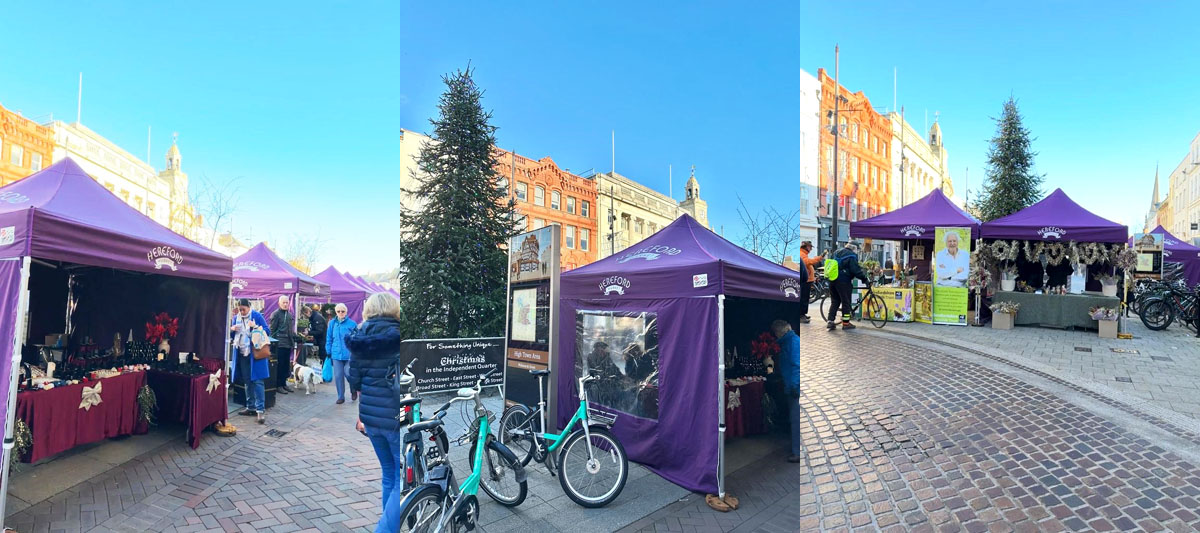 Montage of photos of Christmas markets, High Town, Commercial Street