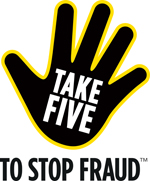 Black open hand showing with gold outline, with words Take Five on palm of hand and To Stop Fraud below hand