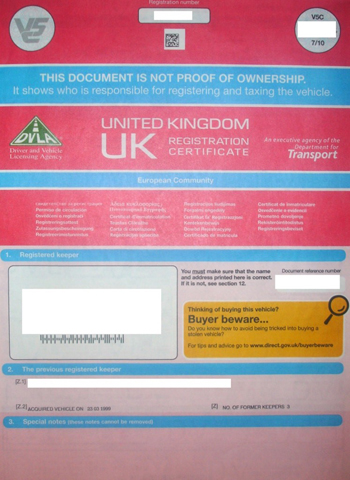 V5 car registration document example