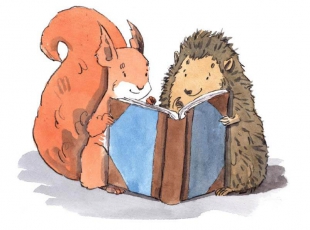Squirrel and hedgehog reading a book together