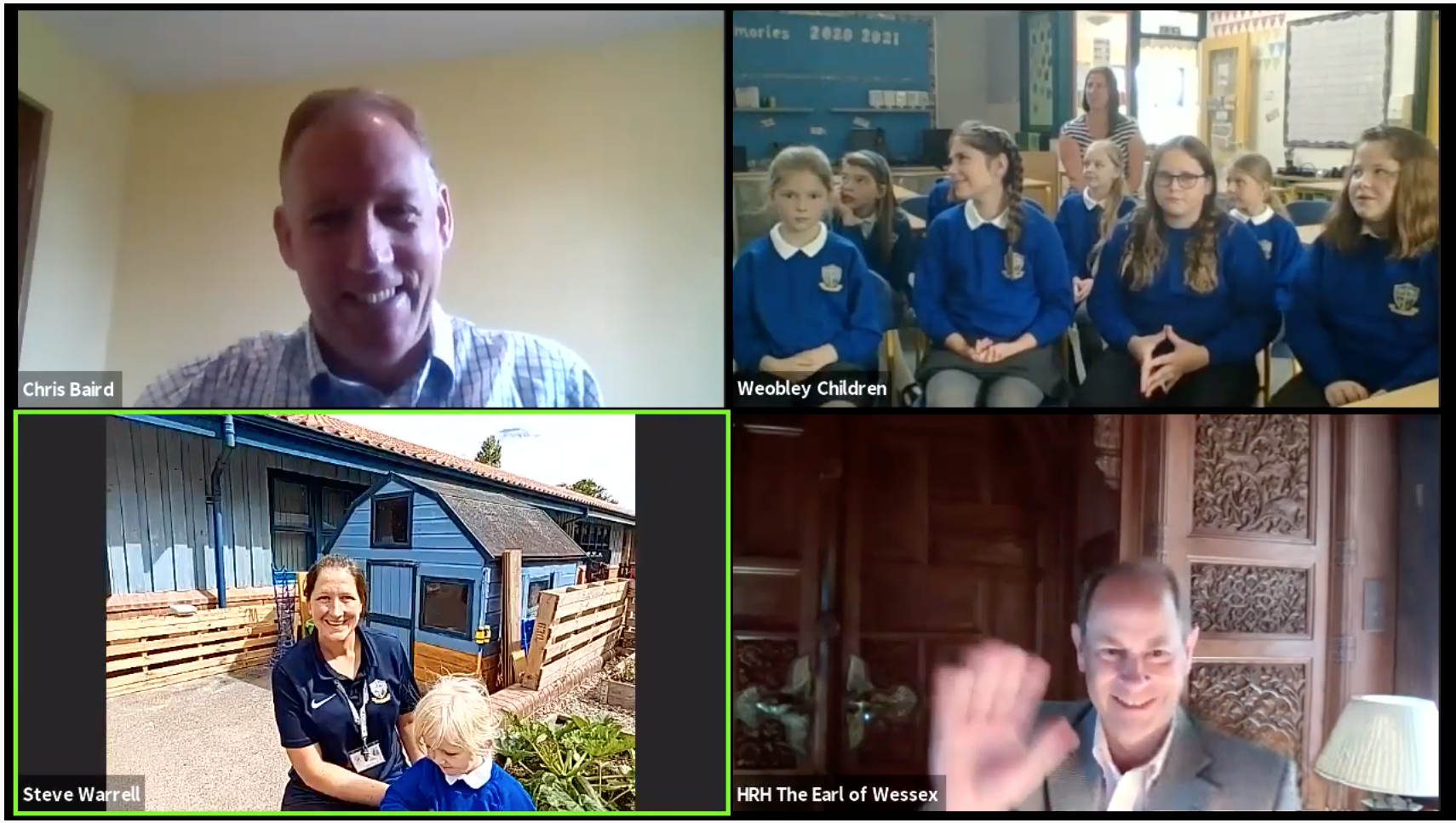 A screenshot of HRH Earl of Wessex on zoom with images of Chris Baird, from Herefordshire Council and Children from Weobly Primary school