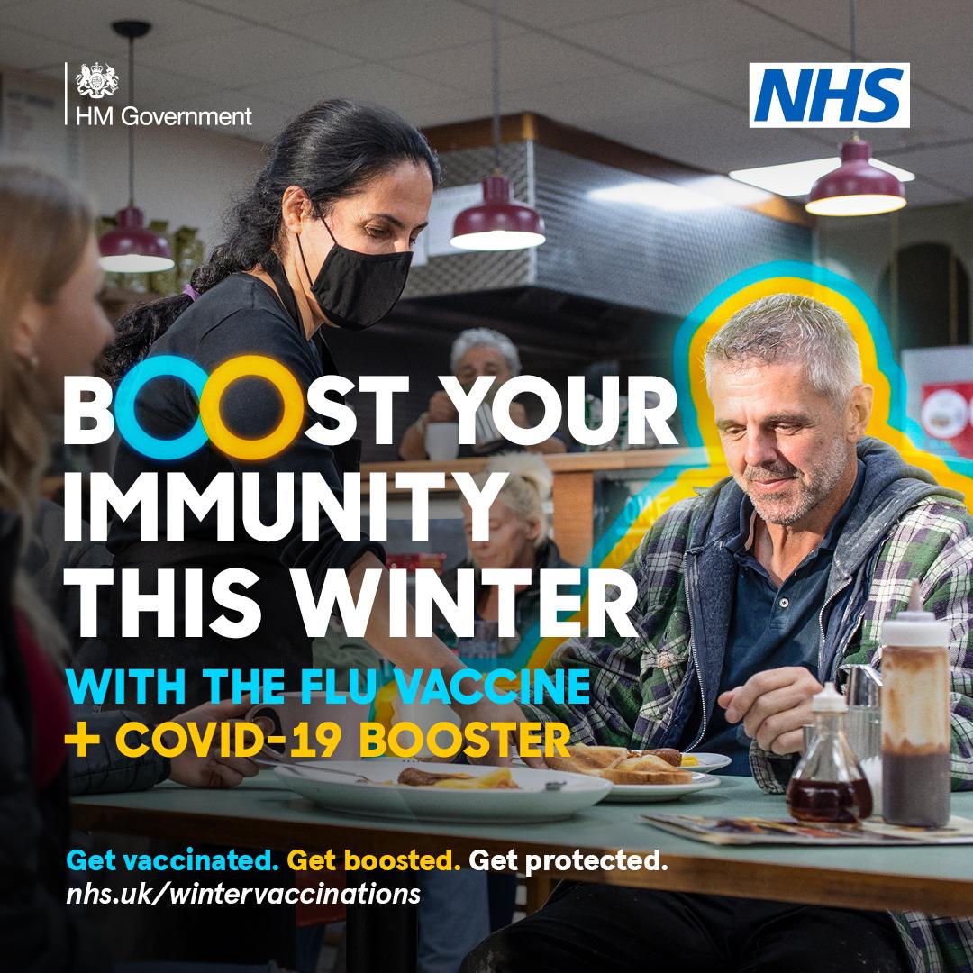 Couple in a café with text
boost your immunity this winter with the flu vaccine
Get vaccinated, Get boosted, get protected