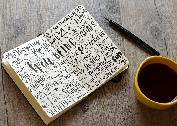 Notebook with well-being writing alongside pen and coffee mug