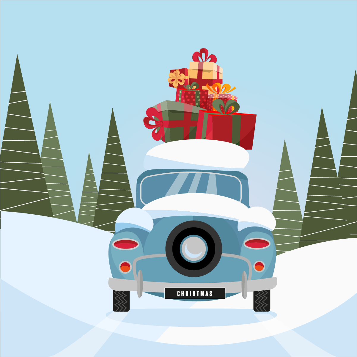 Artwork of a car in snowy environment with Christmas presents on the roof rack