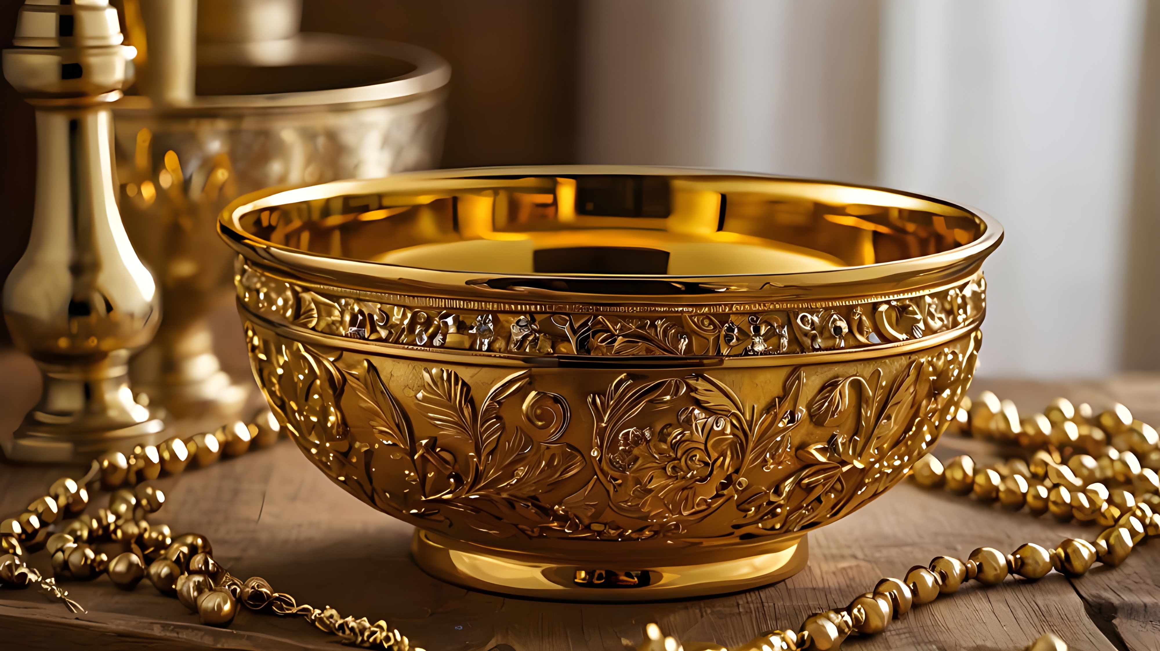 Golden bowl amongst other golden objects