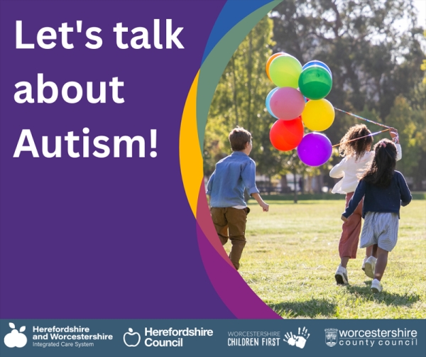 Image of children running holding balloons, with text Let's talk about autism!