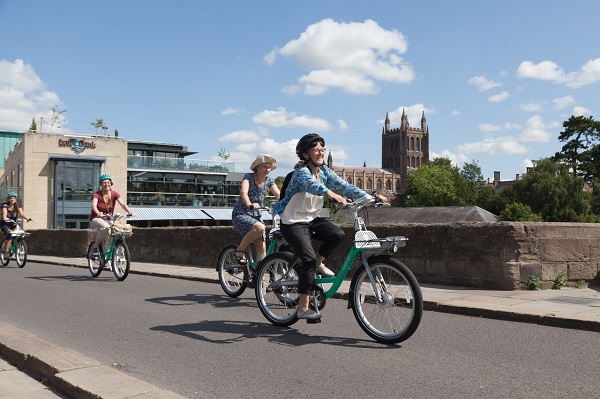 Beryl bikes on Old Bridge, Hereford