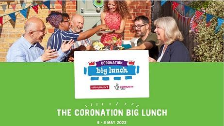 Street party scene with text The Coronation big Lunch 6th to 8th May 2023