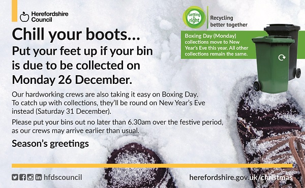Boxing Day (Monday 26 December) recycling and waste collections move to New Year's Eve (Saturday 31 December) this year (2022)