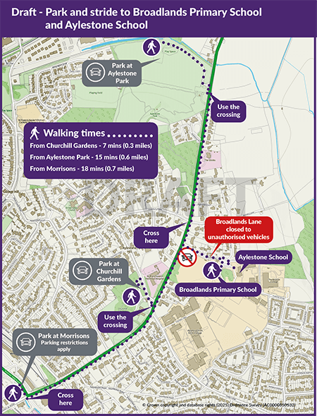 Park and Stride map for Broadlands Primary School and Aylestone School