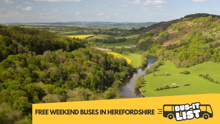 Herefordshire landscape with Bus-it Free weekend bus travel logo