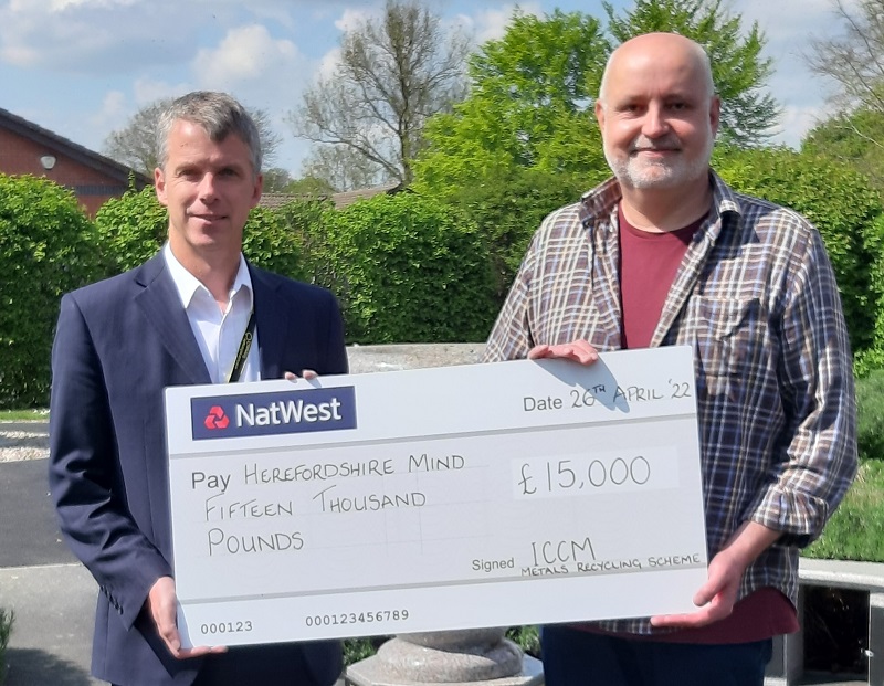 John Gibbon, Herefordshire Council Direct Services Manager, presents cheque to David Harding, Support &amp; Development Manager, Herefordshire Mind.