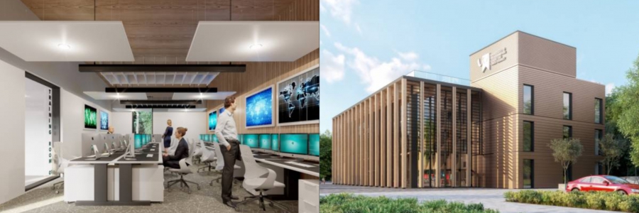 Collage of architects' interior and exterior images of Cyber Centre at Skylon Park