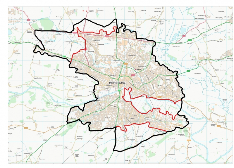 Map showing area of Hereford eligible for funding for E-bikes