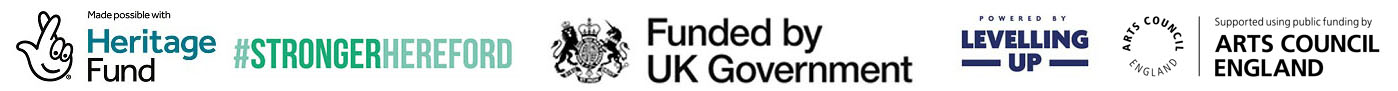 Heritage Fund, Stronger Hereford, Funded by UK Government, Powered by Levelling Up, and Arts Council England logos