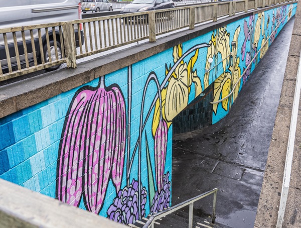 Graphic Rewilding's mural 'Forever Flowers (Shifting Borders)' at Eign Gate Underpass