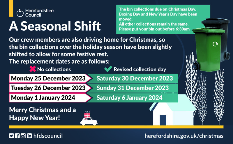 waste collection changes Christmas 2023\nCollections due on Monday 25 Dec will be collected Saturday 30 December\nCollections due on Tuesday 26 Dec will be collected Sunday 31 December\nCollections due on Monday 1 Jan will be collected Saturday 6 January