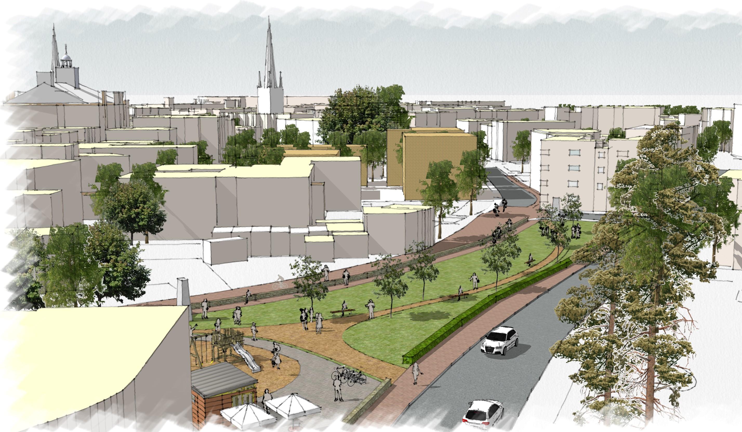 Artists impression of bath street showing new road layout and park