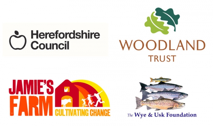 Partnership logos for Herefordshire Council, Jamie's Farm, Woodland Trust and The Wye &amp; Usk Foundation