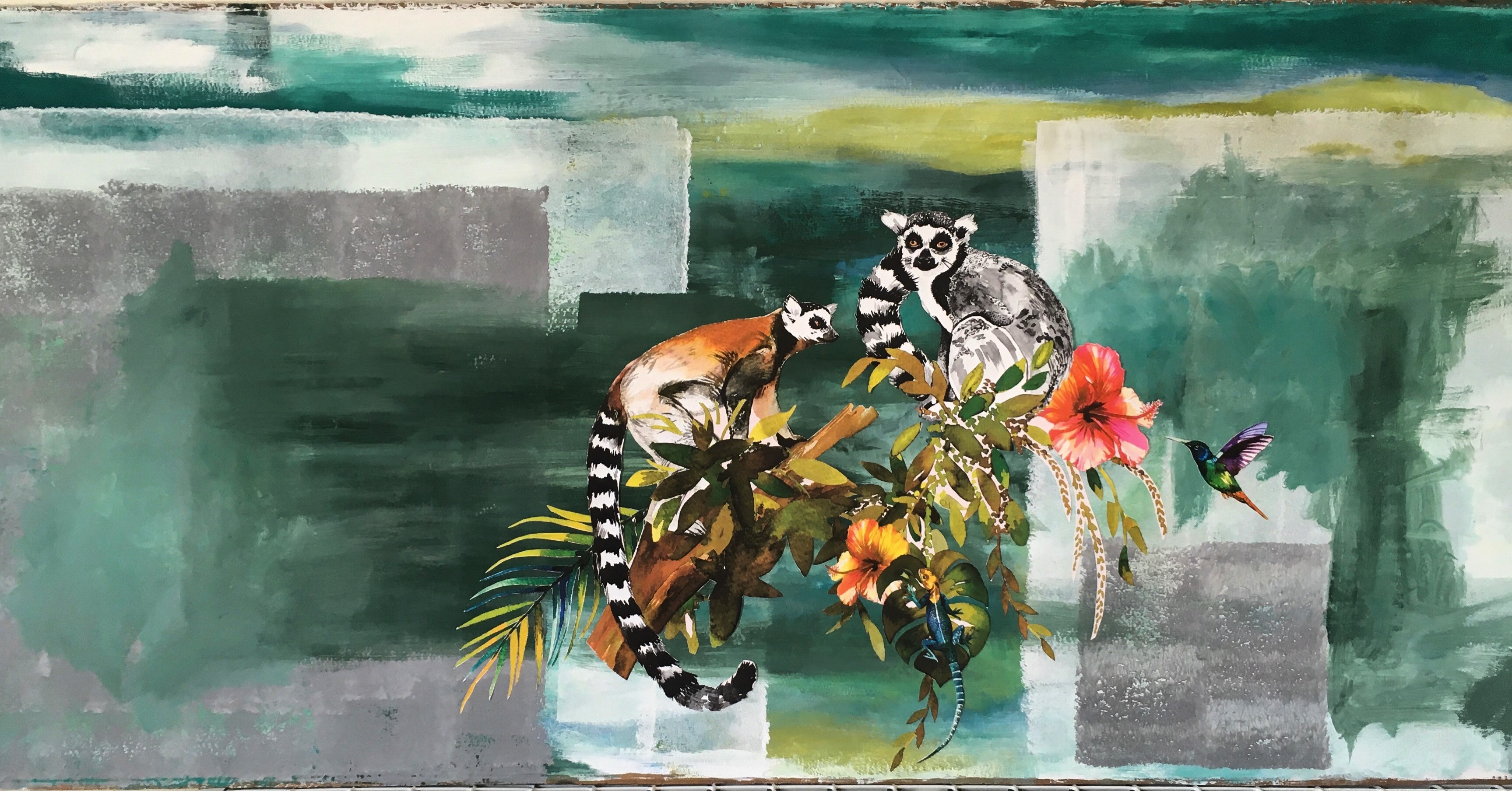 Artwork shows lemurs and a hummingbird against an abstract background.