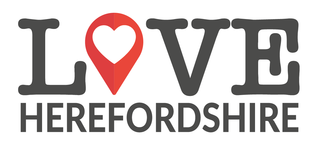 The words Love Herefordshire, with an embedded map pin containing a heart