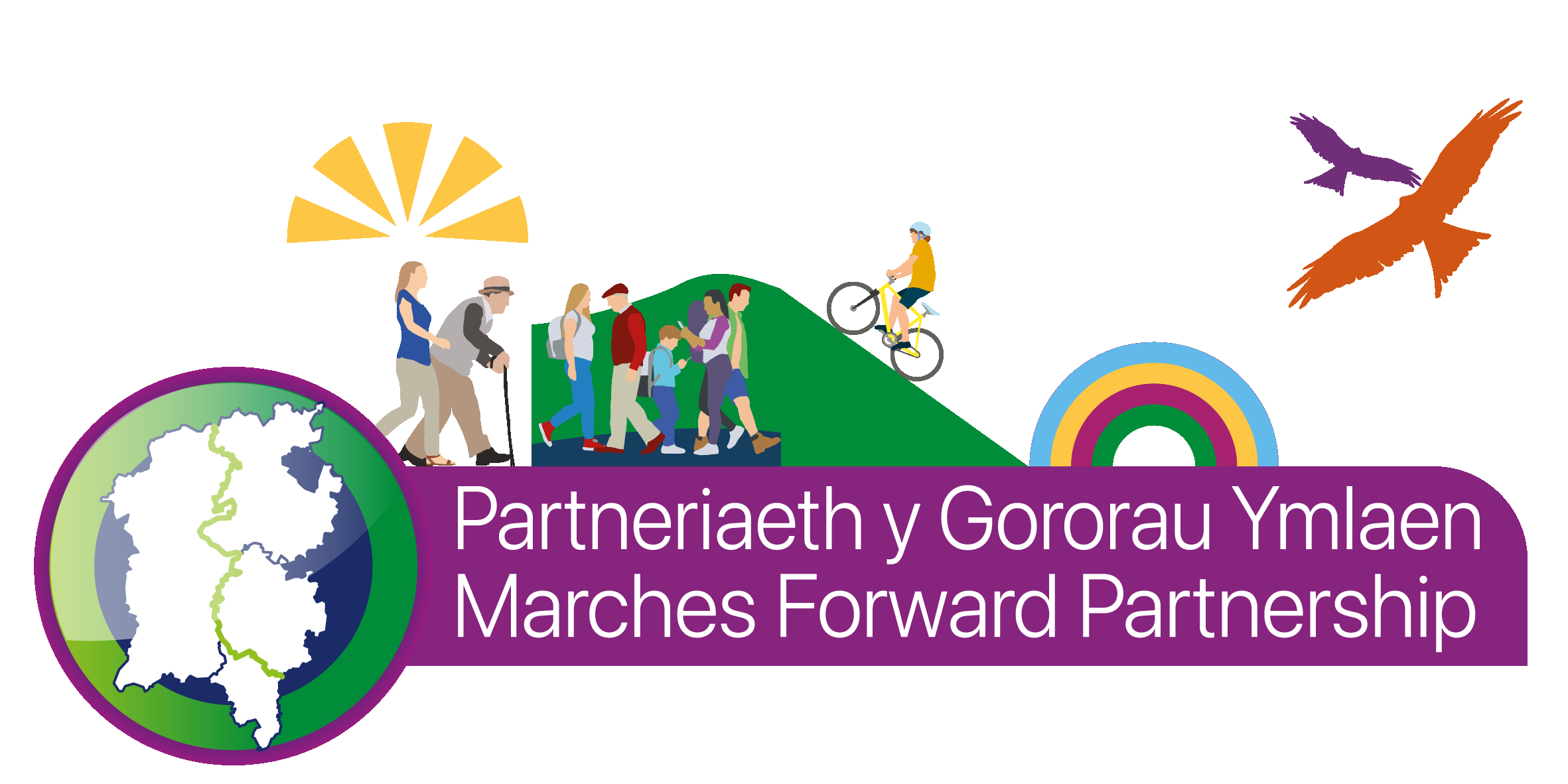 Logo showing the area the partnership covers and stylised images of people enjoying the outdoors walking cycling with a rainbow, birds and a sunrise