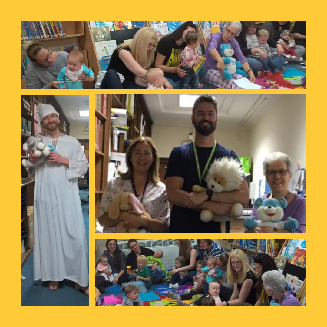 Families and children sit in a circle enjoying a Story and Rhyme pyjama party at Hereford Library