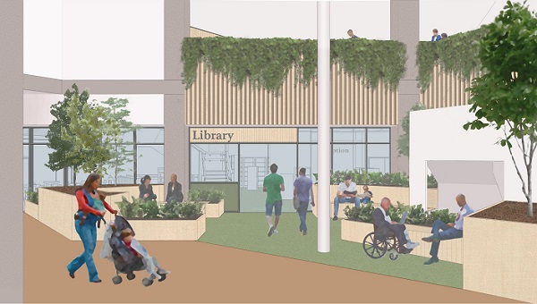 Proposed library entrance at Maylord Orchards