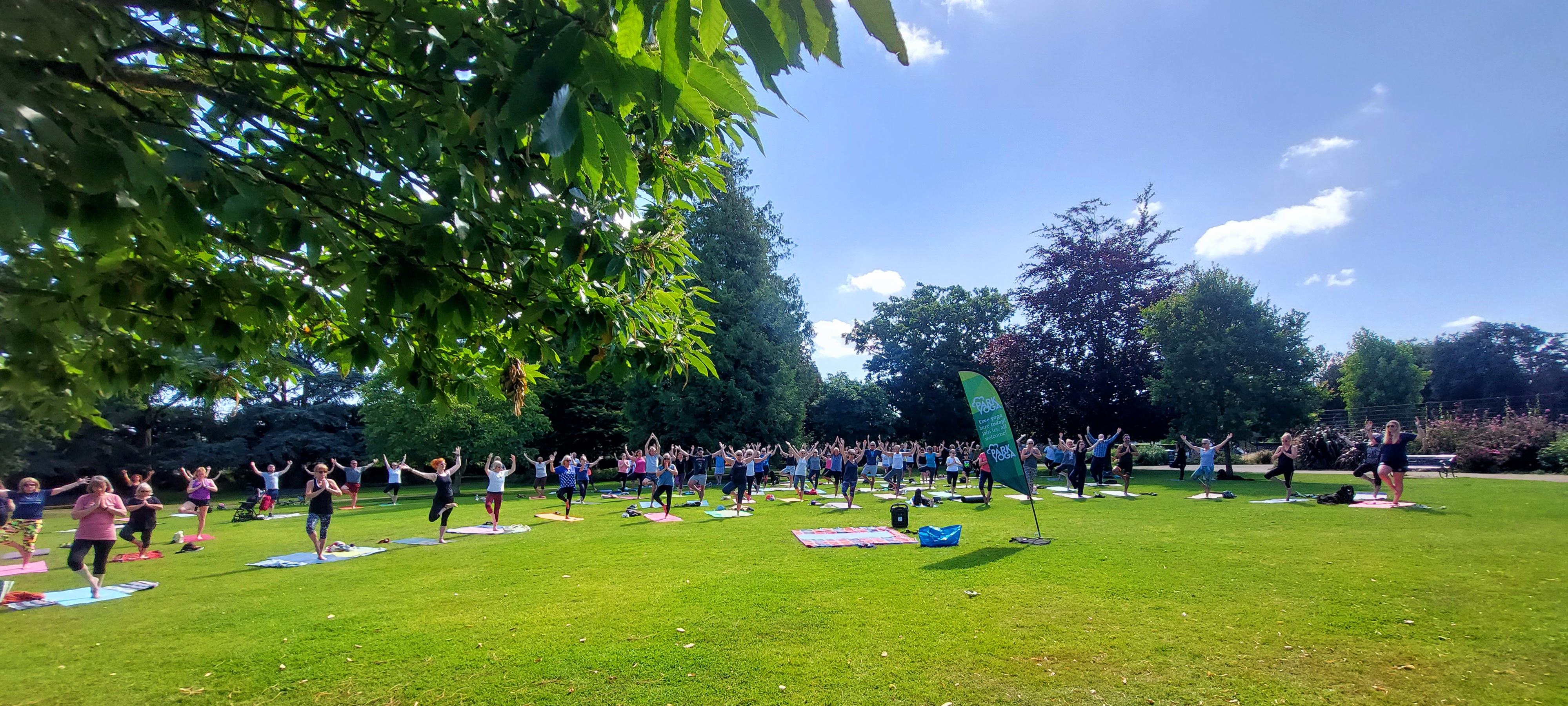 Group of people taking part in Park Yoga