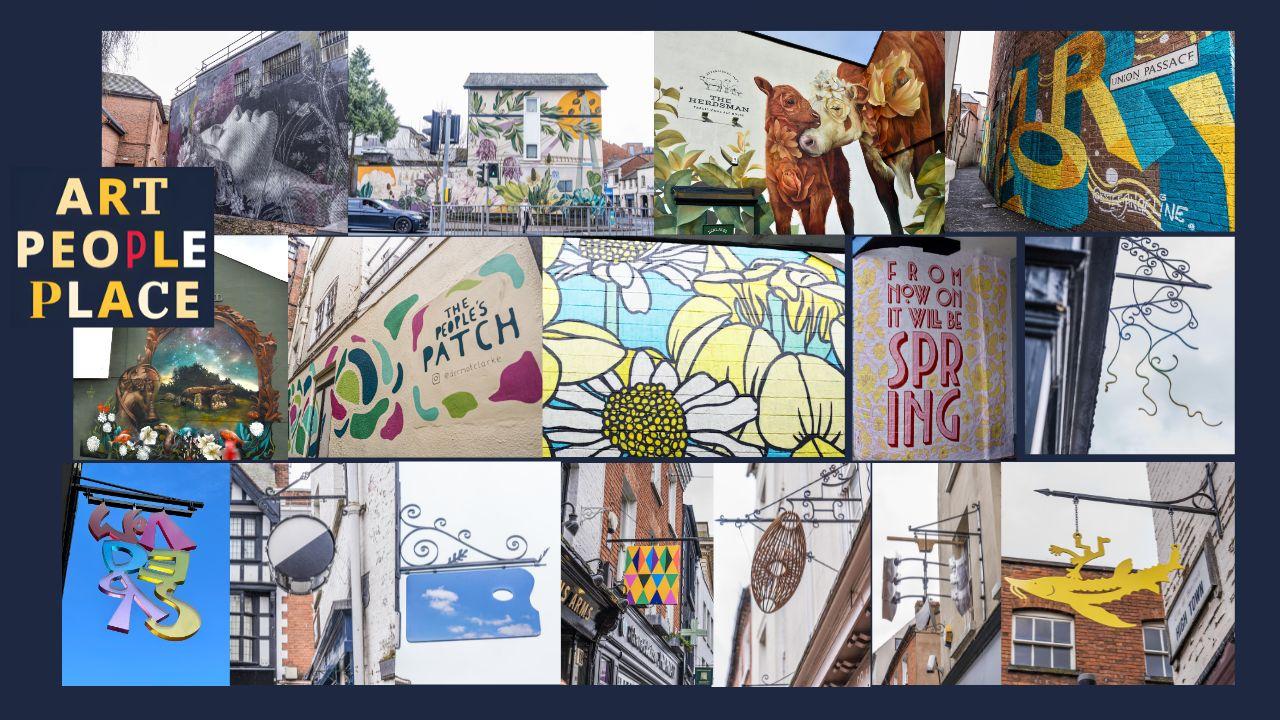 Collage of the murals and sculptures that are part of the public art trail