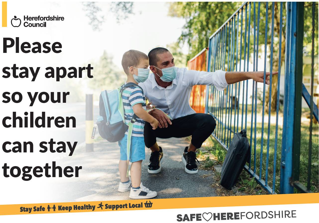 Graphic of father and son with masks on kneeling by school gates with text Plese stay apart so your children can stay together