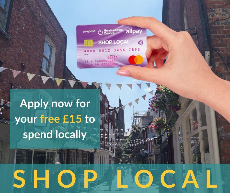 Shop Local prepaid card with text Apply now for your free £15 to spend locally .Shop Local