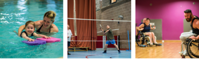 Triptych showing people involved in three different sporting activities: swimming, badminton and wheelchair football