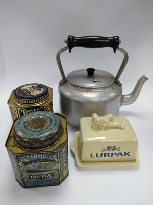 old fashioned kettle, teapot, butter dish, tea caddy