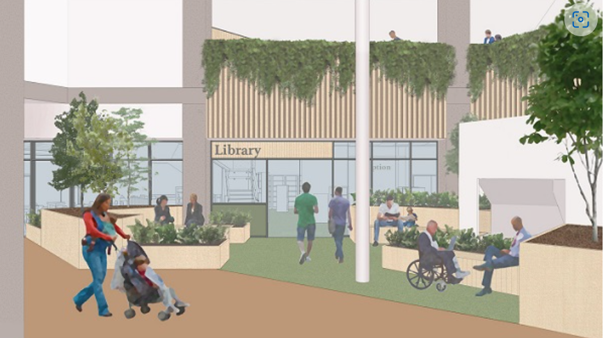 Artist's impression of Hereford's new library at Maylord Orchards
