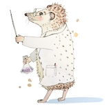 Watercolour illustration of hedgehog with glasses and cardigan, waving stick, possibly conducting
