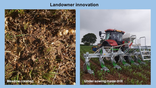Images of meadow creation and undersowing maize drill as part of natural flood management