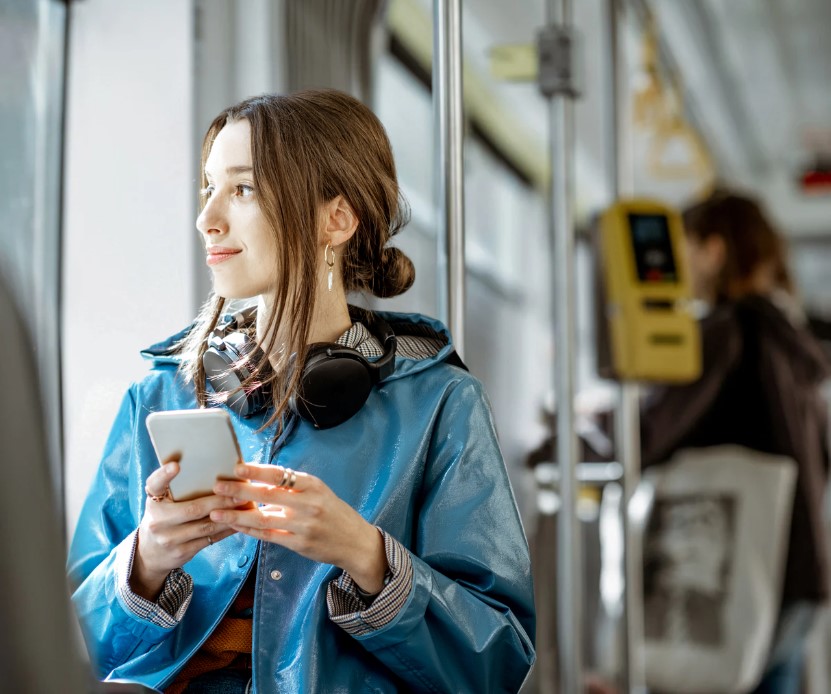 Young women riding on a bus