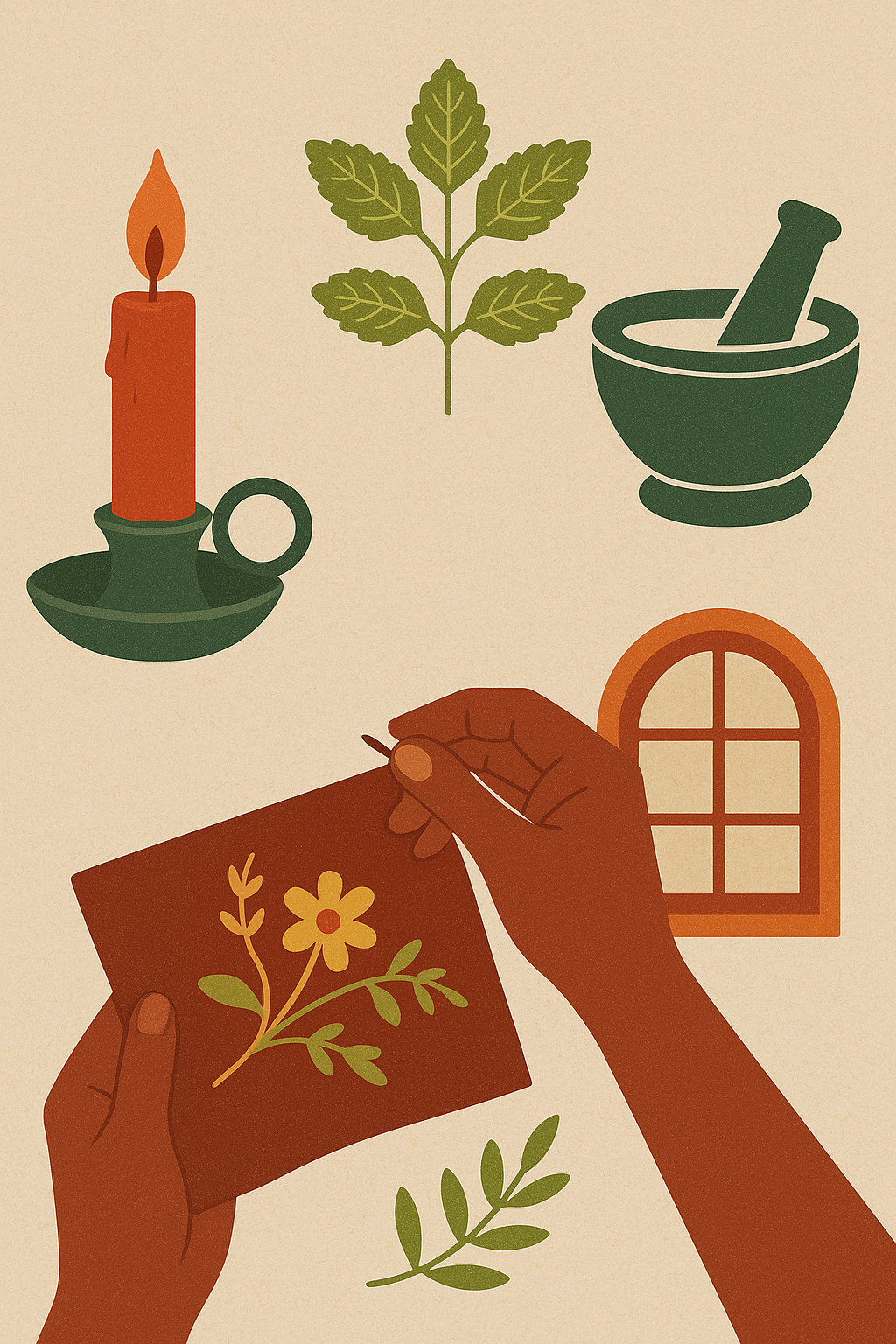 Illustration showing hands working on embroidery