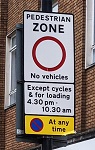 Sign showing pedestrian zone except cycles between 4.30pm and 10.30am